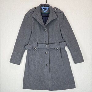 Tommy Hilfiger Women Military Wool Blend Belted Coat Graphite Gray Size 6